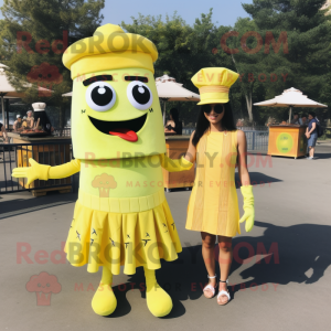 Lemon Yellow Bbq Ribs mascot costume character dressed with a Mini Dress and Berets