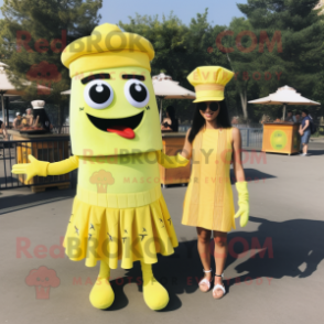 Lemon Yellow Bbq Ribs mascot costume character dressed with a Mini Dress and Berets