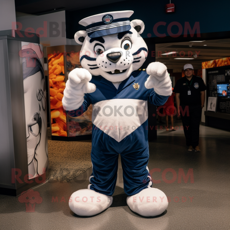 Navy Tiger mascot costume character dressed with a T-Shirt and Shoe laces