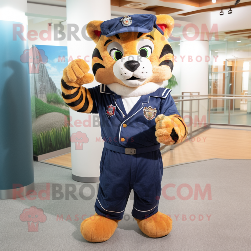 Navy Tiger mascot costume character dressed with a T-Shirt and Shoe laces Navy Tiger mascot costume character dressed with a T-Shirt and Shoe laces