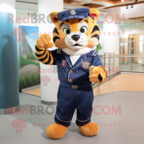 Navy Tiger mascot costume character dressed with a T-Shirt and Shoe laces