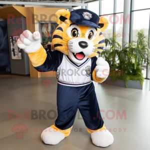 Navy Tiger mascot costume character dressed with a T-Shirt and Shoe laces