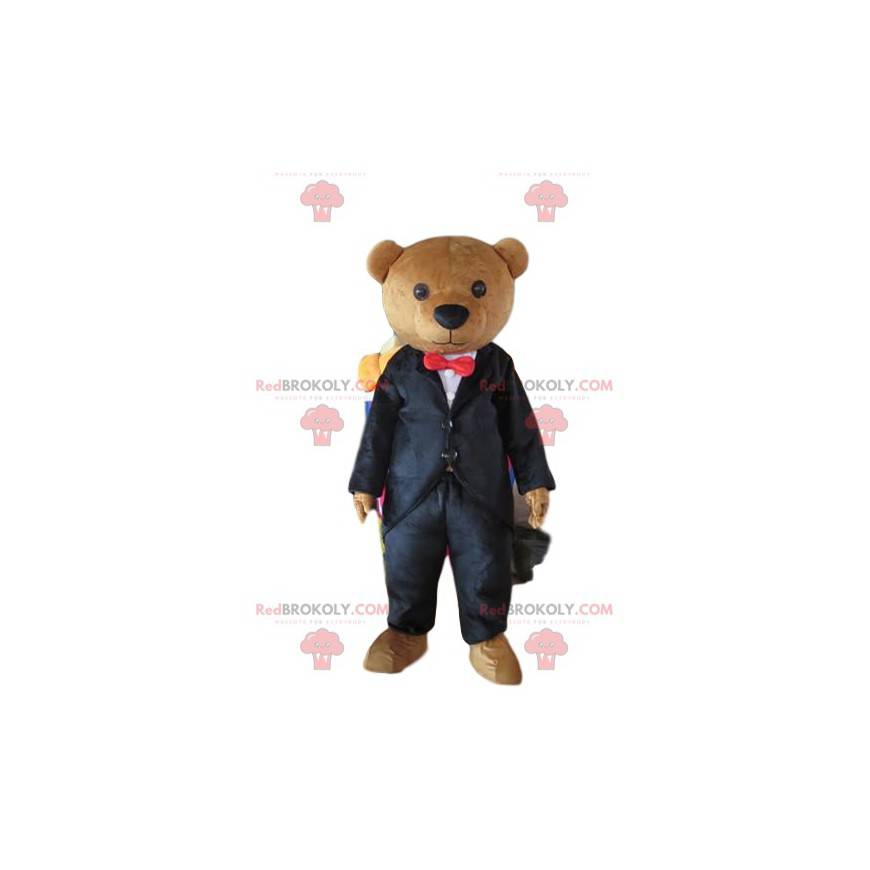 Mascote ursinho fantasiado, urso elegante, empresário -