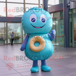 Cyan Donut mascot costume character dressed with a Jeans and Wraps