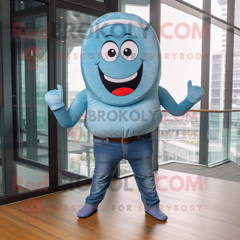 Cyan Donut mascot costume character dressed with a Jeans and Wraps