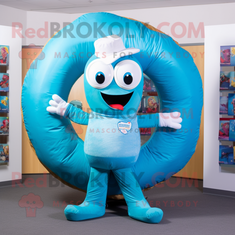 Cyan Donut mascot costume character dressed with a Jeans and Wraps Cyan Donut mascot costume character dressed with a Jeans and Wraps