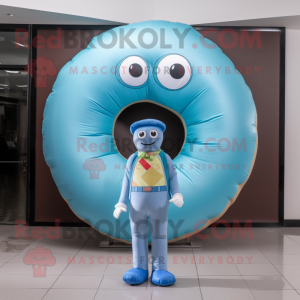 Cyan Donut mascot costume character dressed with a Jeans and Wraps