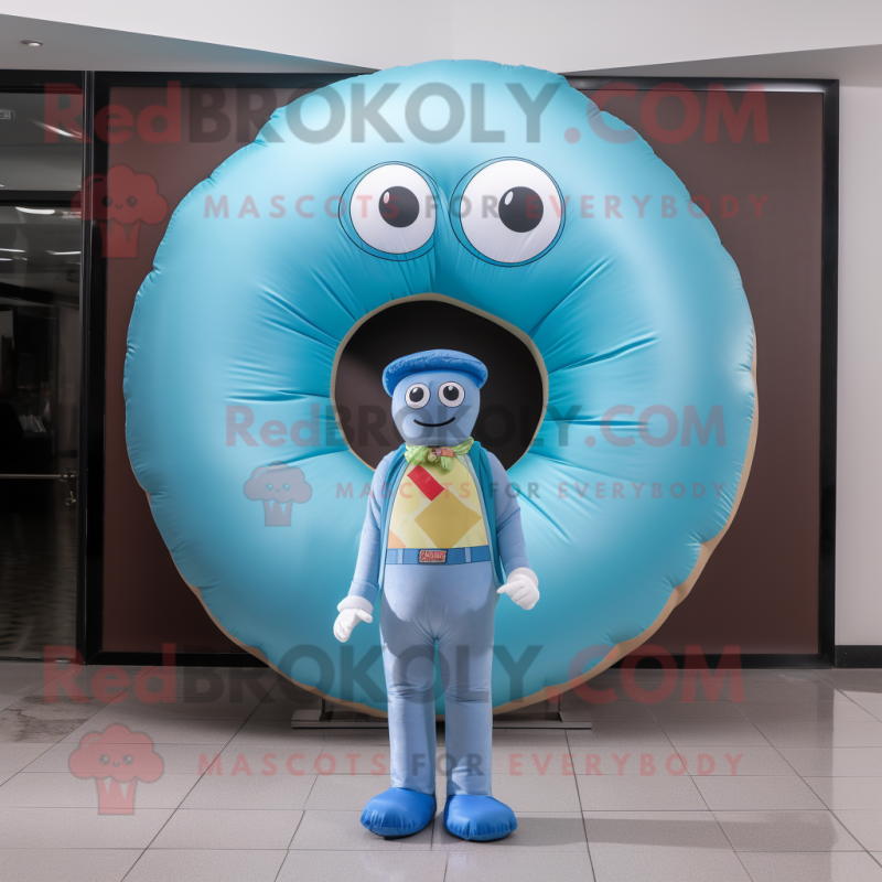 Cyan Donut mascot costume character dressed with a Jeans and Wraps