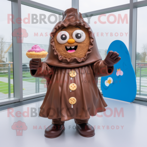 Brown Cupcake mascot costume character dressed with a Raincoat and Rings