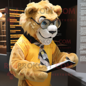 Gold Saber-Toothed Tiger mascot costume character dressed with a Cover-up and Reading glasses