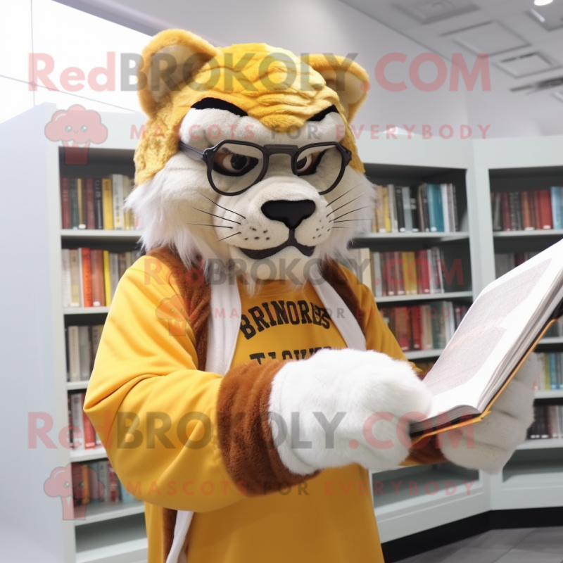 Gold Saber-Toothed Tiger mascot costume character dressed with a Cover-up and Reading glasses Gold Saber-Toothed Tiger mascot costume character dressed with a Cover-up and Reading glasses