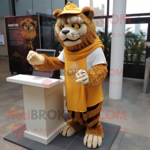 Gold Saber-Toothed Tiger mascot costume character dressed with a Cover-up and Reading glasses