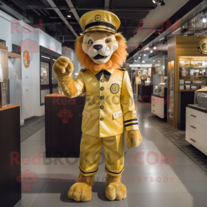 Gold Lion mascot costume character dressed with a Oxford Shirt and Berets