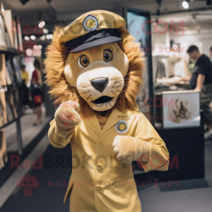 Gold Lion mascot costume character dressed with a Oxford Shirt and Berets