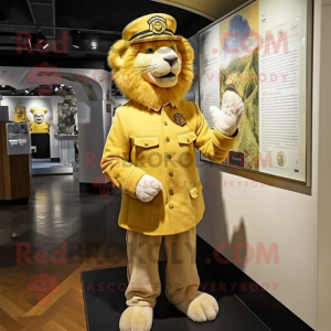 Gold Lion mascot costume character dressed with a Oxford Shirt and Berets