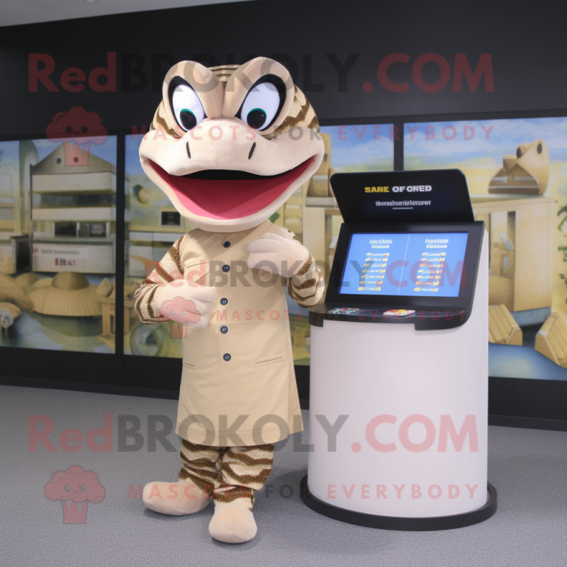 Beige Snake mascot costume character dressed with a T-Shirt and Coin purses Beige Snake mascot costume character dressed with a T-Shirt and Coin purses