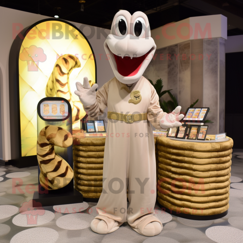 Beige Snake mascot costume character dressed with a T-Shirt and Coin purses