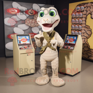 Beige Snake mascot costume character dressed with a T-Shirt and Coin purses