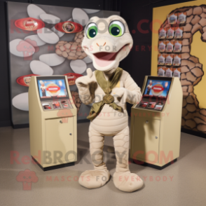 Beige Snake mascot costume character dressed with a T-Shirt and Coin purses