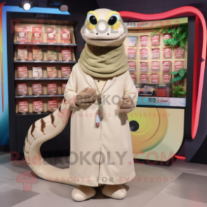 Beige Snake mascot costume character dressed with a T-Shirt and Coin purses