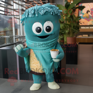 Teal Ramen mascot costume character dressed with a Jeans and Scarves