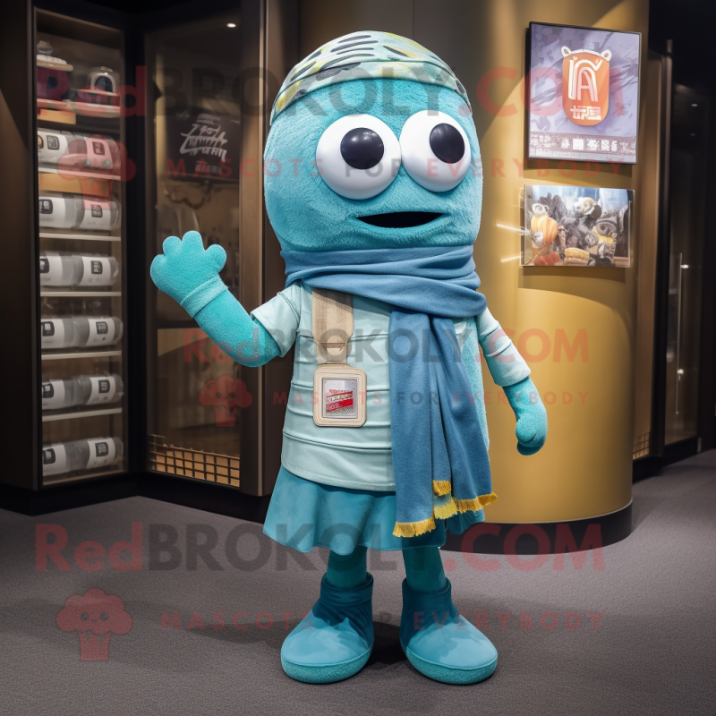 Teal Ramen mascot costume character dressed with a Jeans and Scarves