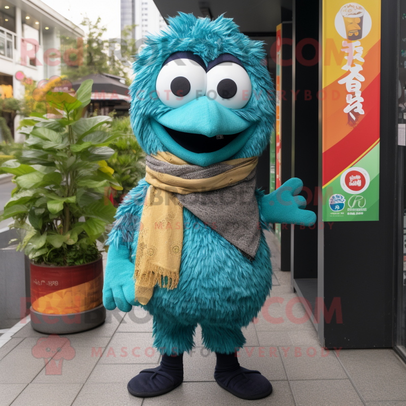 Teal Ramen mascot costume character dressed with a Jeans and Scarves Teal Ramen mascot costume character dressed with a Jeans and Scarves