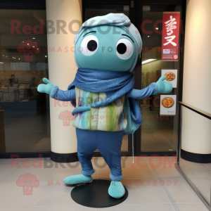 Teal Ramen mascot costume character dressed with a Jeans and Scarves