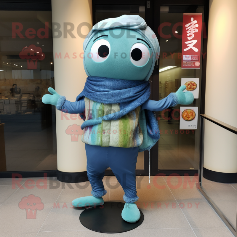 Teal Ramen mascot costume character dressed with a Jeans and Scarves Teal Ramen mascot costume character dressed with a Jeans and Scarves