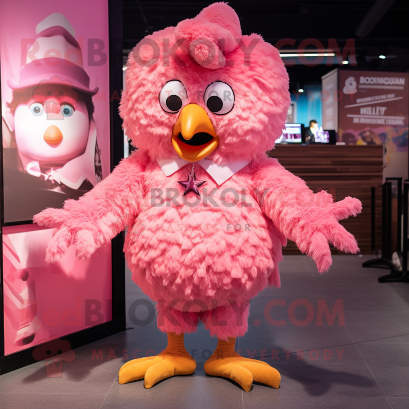 Pink Fried Chicken mascot costume character dressed with a Shorts and Necklaces Pink Fried Chicken mascot costume character dressed with a Shorts and Necklaces