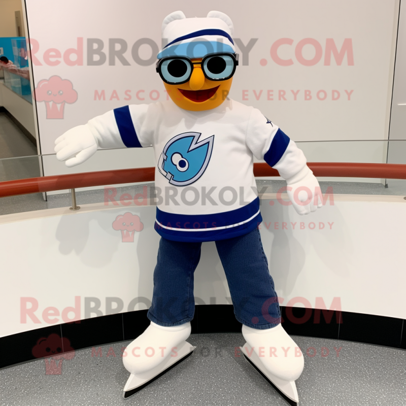 White Pair Of Ice Skates mascot costume character dressed with a Flare Jeans and Eyeglasses White Pair Of Ice Skates mascot costume character dressed with a Flare Jeans and Eyeglasses