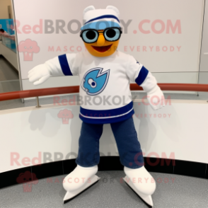 White Pair Of Ice Skates mascot costume character dressed with a Flare Jeans and Eyeglasses