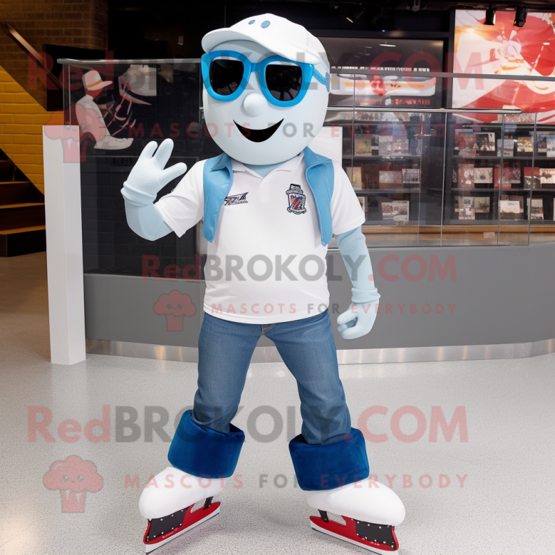 White Pair Of Ice Skates mascot costume character dressed with a Flare Jeans and Eyeglasses