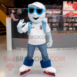 White Pair Of Ice Skates mascot costume character dressed with a Flare Jeans and Eyeglasses
