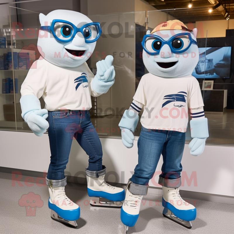 White Pair Of Ice Skates mascot costume character dressed with a Flare Jeans and Eyeglasses