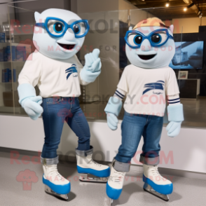 White Pair Of Ice Skates mascot costume character dressed with a Flare Jeans and Eyeglasses