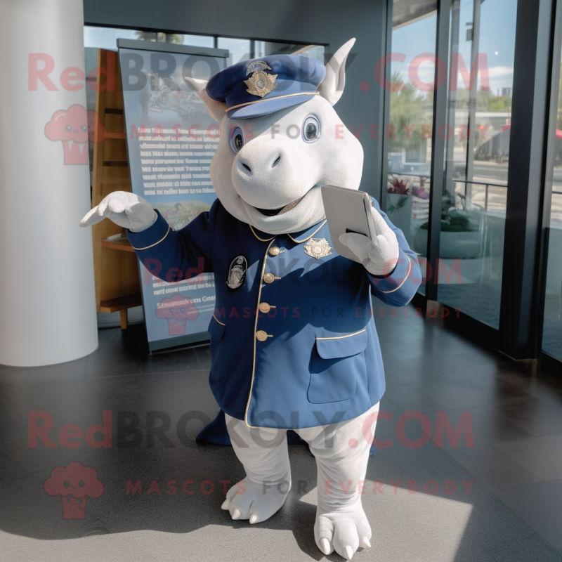 Navy Rhinoceros mascot costume character dressed with a A-Line Dress and Keychains