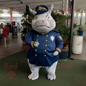 Navy Rhinoceros mascot costume character dressed with a A-Line Dress and Keychains