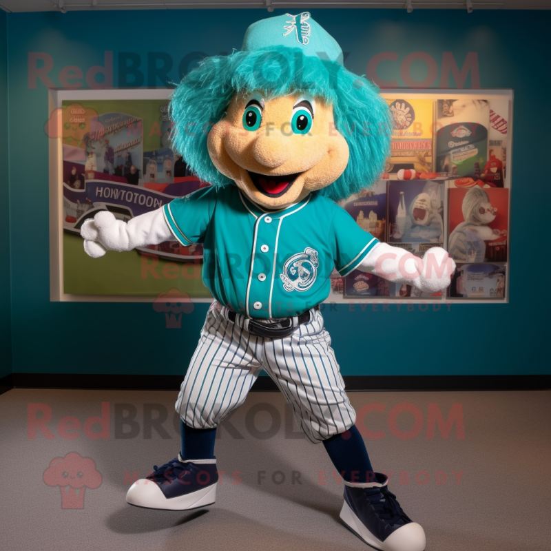 Turquoise Irish Dancer mascot costume character dressed with a Baseball Tee and Cummerbunds Turquoise Irish Dancer mascot costume character dressed with a Baseball Tee and Cummerbunds