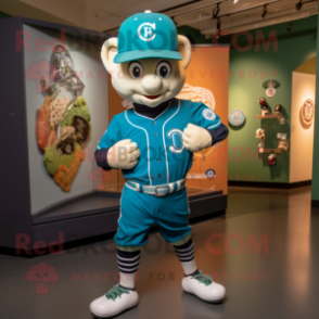 Turquoise Irish Dancer mascot costume character dressed with a Baseball Tee and Cummerbunds