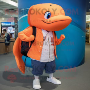 Orange Humpback Whale mascot costume character dressed with a Oxford Shirt and Backpacks