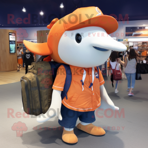 Orange Humpback Whale mascot costume character dressed with a Oxford Shirt and Backpacks