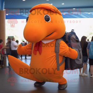 Orange Humpback Whale mascot costume character dressed with a Oxford Shirt and Backpacks