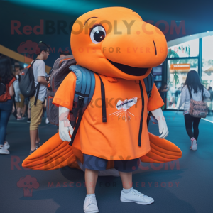 Orange Humpback Whale mascot costume character dressed with a Oxford Shirt and Backpacks
