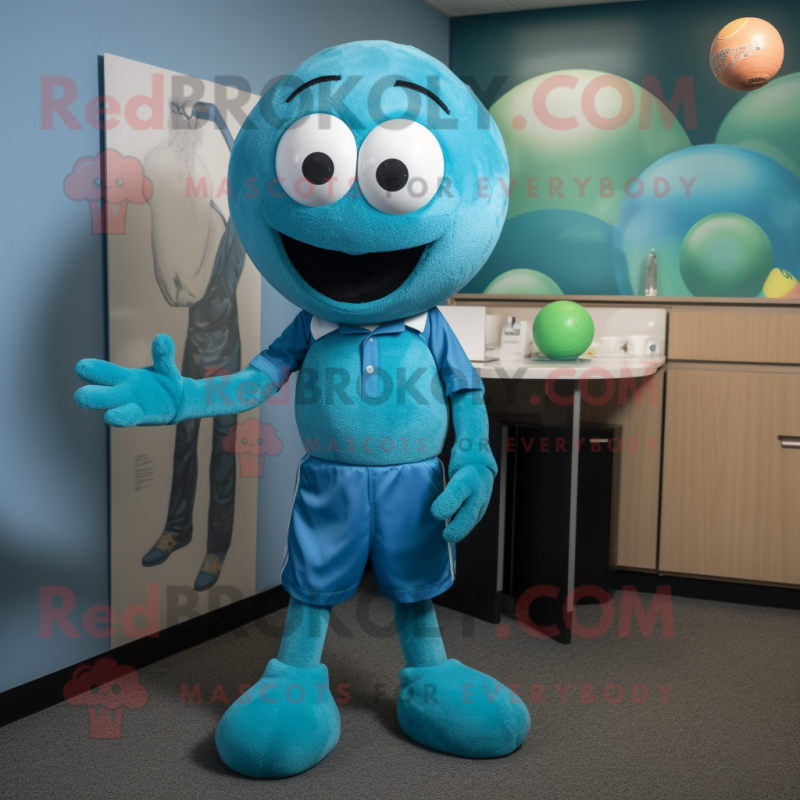 Turquoise Juggle mascot costume character dressed with a Polo Tee and Tie pins Turquoise Juggle mascot costume character dressed with a Polo Tee and Tie pins
