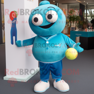 Turquoise Juggle mascot costume character dressed with a Polo Tee and Tie pins