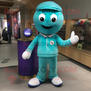 Turquoise Juggle mascot costume character dressed with a Polo Tee and Tie pins