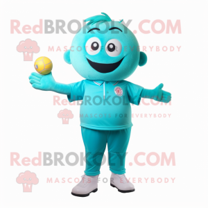 Turquoise Juggle mascot costume character dressed with a Polo Tee and Tie pins