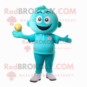 Turquoise Juggle mascot costume character dressed with a Polo Tee and Tie pins