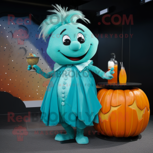 Turquoise Pumpkin mascot costume character dressed with a Cocktail Dress and Hairpins